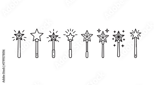 Collection of magical star wands in a detailed outline silhouette