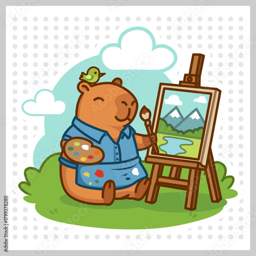 Artistic Capybara Painting a Serene Landscape