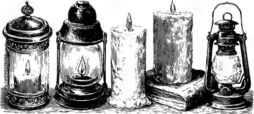 Vintage lantern and candles in a detailed vector illustration. Line drawing with black outline and stipple texture, perfect for antique decor or print.