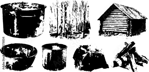 Illustration of a rustic cabin and cooking items in black and white. Includes pot, bowls, logs, and trees, depicting an outdoor scene. Vector illustration set.