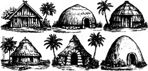 Traditional houses and cottages in ink sketch style. This set features various structures in a rural landscape, portrayed in vector illustration.