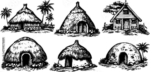 Various traditional house designs in a black and white vector illustration set. The image features huts, cottages, and unique architectural structures.