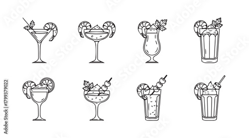 Collection of eight hand drawn cocktail glasses with garnishes silhouette