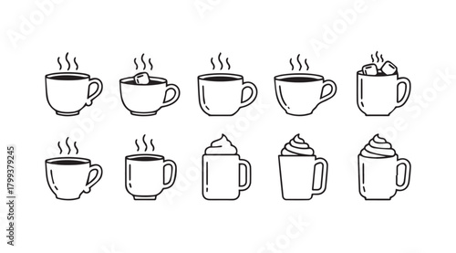 Collection of hand drawn hot beverage mugs with steam and toppings silhouette