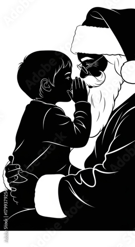 Black and white silhouette of a young boy whispering a Christmas wish to Santa Claus.