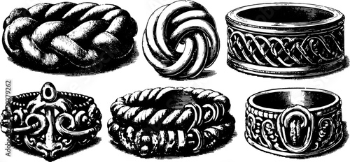 Antique rings illustrated in detailed engraving style. Vintage jewelry vector illustration set with intricate designs and classic craftsmanship.