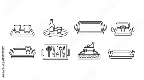 Collection of various serving trays and containers in a simple line art silhouette