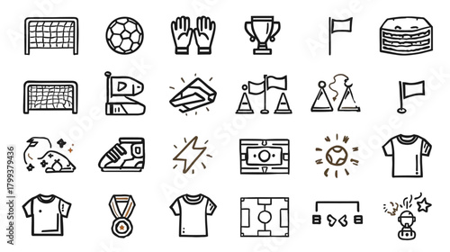 Collection of soccer themed icons in a hand-drawn style.