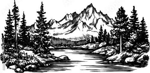Landscape engraving featuring mountains and a river. Detailed black silhouette with trees for a nature-themed vector illustration.