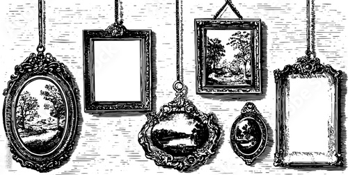 Antique picture frames in a variety of styles. The set features intricate outlines and designs in a vintage vector illustration.