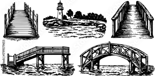 Engraving set of bridges and a lighthouse by the water. Vintage black line drawing vector illustration capturing outdoor structures.