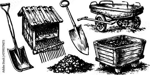 Set of garden tools: shovel, rake, wheelbarrow, and bins. Hand-drawn black outline vector illustration.