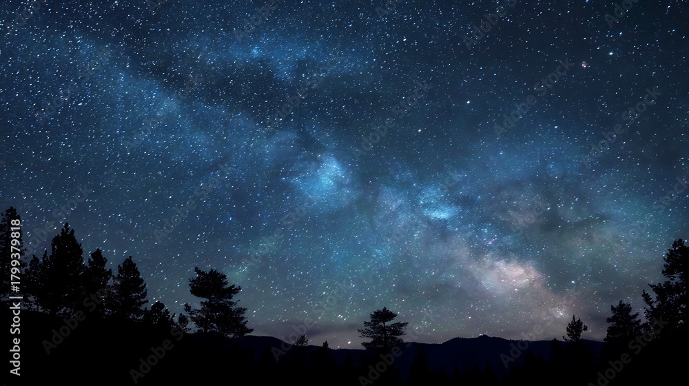 Fototapeta premium Milky Way and Silhouetted Trees Under a Starry Night Sky Landscape