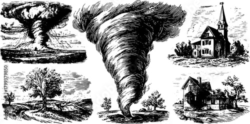 Tornado engravings in vintage style, showcasing storm landscapes. This black outline illustration features rural scenes in an intricate set.
