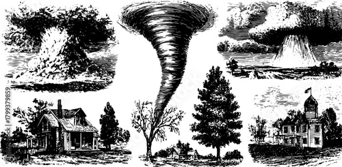 Antique engraving set featuring severe weather events, including tornado and explosion scenes. Detailed landscape in black and white vector illustration.