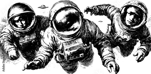 Astronauts in spacesuits depicted in an engraving style. This retro illustration showcases a set of unidentified crafts in outer space with vector quality.