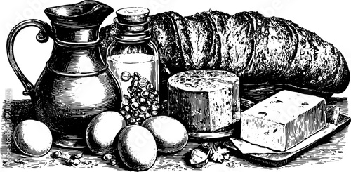 Antique food engraving illustration featuring ingredients: bread, cheese, eggs, and milk. A classic vector set displaying kitchen essentials.