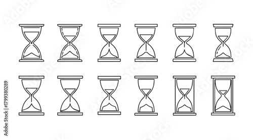 Collection of hand drawn hourglass silhouettes representing the passage of time