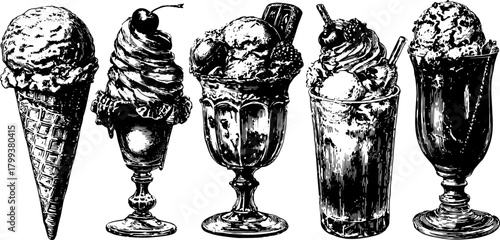 Vintage ice cream dessert set. Engraved vector illustrations of various styles: cone, cup, sundae, and drink in classic black outline.