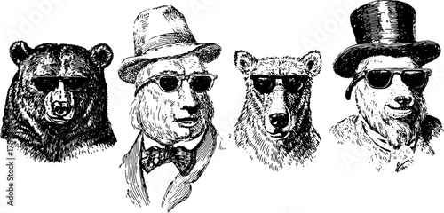 Vintage bear illustrations. Hand-drawn engraving style features a bear character in a set with top hats and shades. Unique vector illustration.