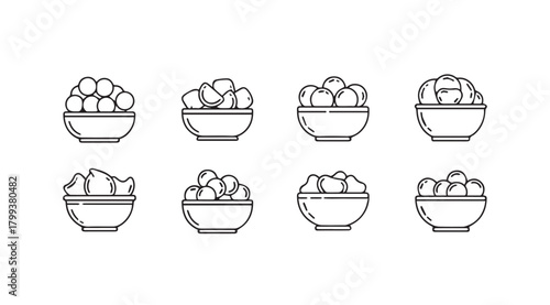 Collection of eight stylized bowls filled with various fruits in a simple line art silhouette