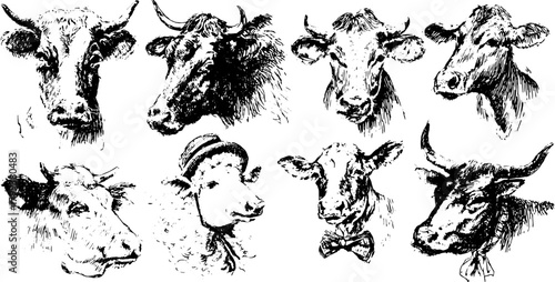 Set of vintage cow illustrations in various styles, featuring detailed engravings and black outlines. Classic vector illustration for diverse uses.