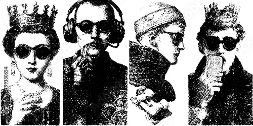 Antique engraving print with silhouettes. Hand-drawn vintage illustration showcasing stylish characters in a unique vector set.