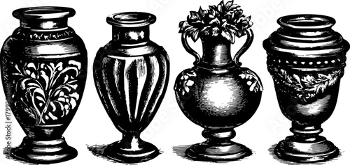 Set of decorative vases in intricate designs. Handcrafted ceramic pottery showcasing classic styles in vector illustration.