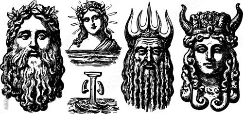 Vintage illustration of gods in distinct styles, showcasing black and white line art. This vector illustration emphasizes detail and cultural significance.