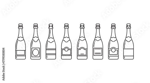 A row of elegant champagne bottle silhouettes with detailed labels and stoppers silhouette