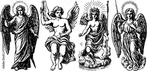 Vintage angel illustrations in black and white. Ornate figures in a religious set, suitable for a cultural vector illustration.