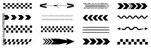 Collection of Black and White Graphic Elements: Arrows, Checkered Patterns, and Lines