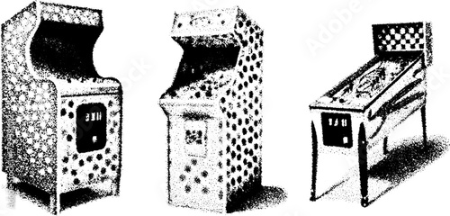 Arcade machine and pinball game in vintage engraving style. This black outline vector illustration showcases retro gaming equipment in a set.