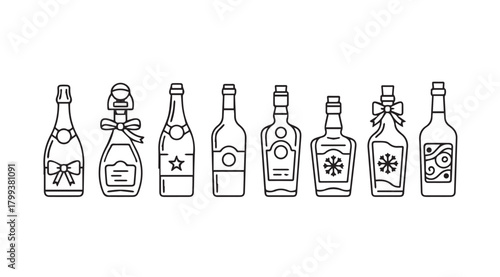 A collection of various alcohol bottles in a simple outline silhouette