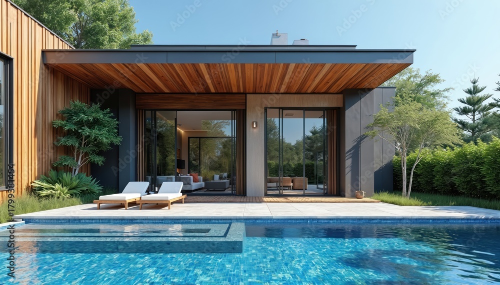 Fototapeta premium Modern luxury house with wooden facade and pool. Large glass doors open to living area. Lush green landscaping surrounds the property. Two lounge chairs sit near the water.