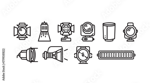 Collection of various lighting equipment and connectors in a simple line art silhouette