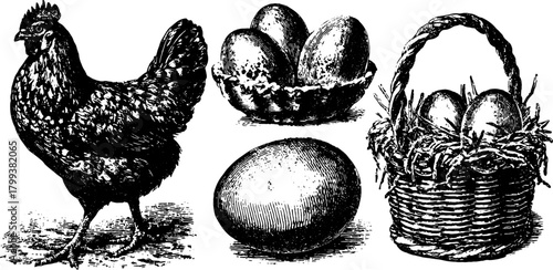 Chicken and eggs in vintage engraving style. Detailed black outline illustration featuring a nest and basket with eggs, vector set.