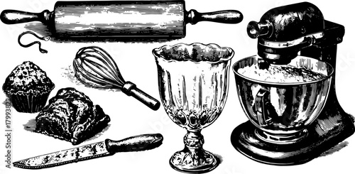Kitchen tools set silhouette illustration featuring a rolling pin, whisk, mixing bowl, and muffins. Antique vector illustration for culinary themes.