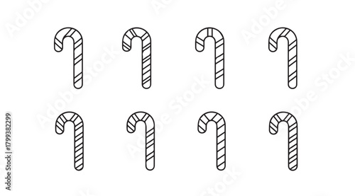 Eight simple candy cane outline illustrations in a silhouette style