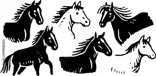 Horse sketches in black and white. Simple and detailed vector illustrations in a unique artistic style, showcasing various positions of horses in a set.