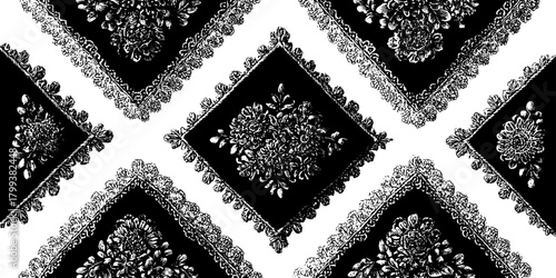 Antique engraving print featuring a floral silhouette design. A set of vintage hand-drawn illustrations with decorative elements and stipple textures, ideal for graphic use.