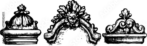 Vector illustration of decorative architectural elements. This set includes detailed designs showcasing classical and ornate styles for art and design projects.