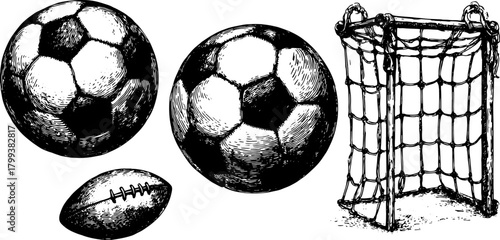 Sketch of soccer and football balls with a net. Classic monochrome vector illustration of sports equipment in a simple design.