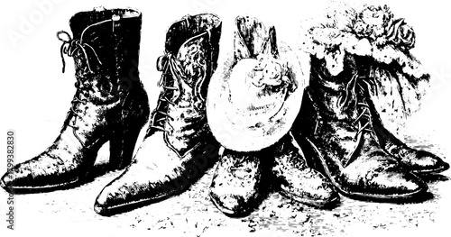 Vintage footwear set featuring elegant boots and a hat. Detailed black and white vector illustration showcasing historical fashion styles.
