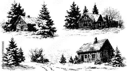 Winter landscape with rustic cabins and trees in snow. Black and white vector illustration depicting a classic rural set.
