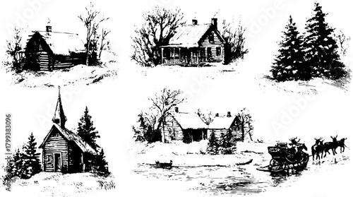 Illustration of various houses, a church, and trees in a winter landscape. Features a rural scene in black and white vector format.