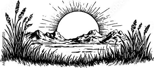 Sunrise over mountains in a vintage engraving style. Detailed outline set featuring grass and scenic landscape, vector illustration.