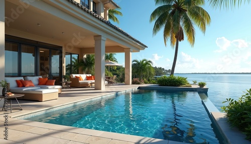 Wallpaper Mural Luxury mansion features beautiful covered patio, infinity pool, modern outdoor lounge furniture. Upscale property overlooks calm bay with tropical palm trees, clear blue sky, creating serene Torontodigital.ca