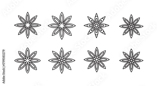 Collection of eight intricate floral starburst silhouettes on white background