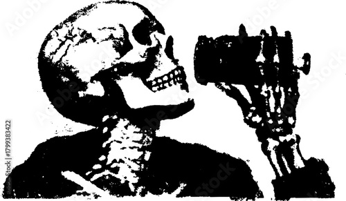 Skeleton holding a camera in black and white. Simple vector illustration with a unique design set.